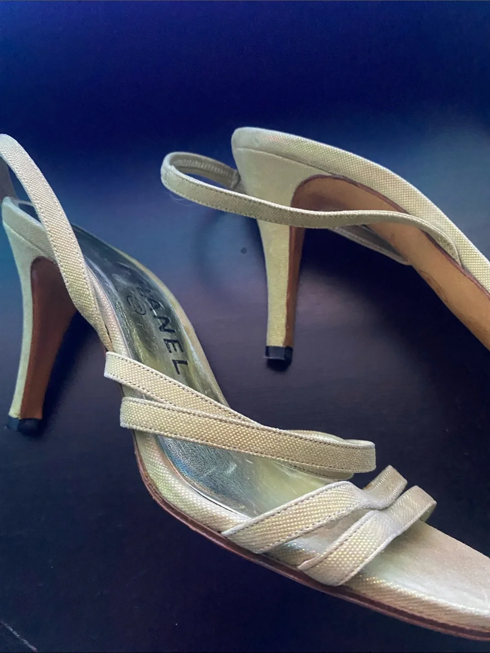 CHANEL Metallic Gold Multi-Strap Slingback Heels